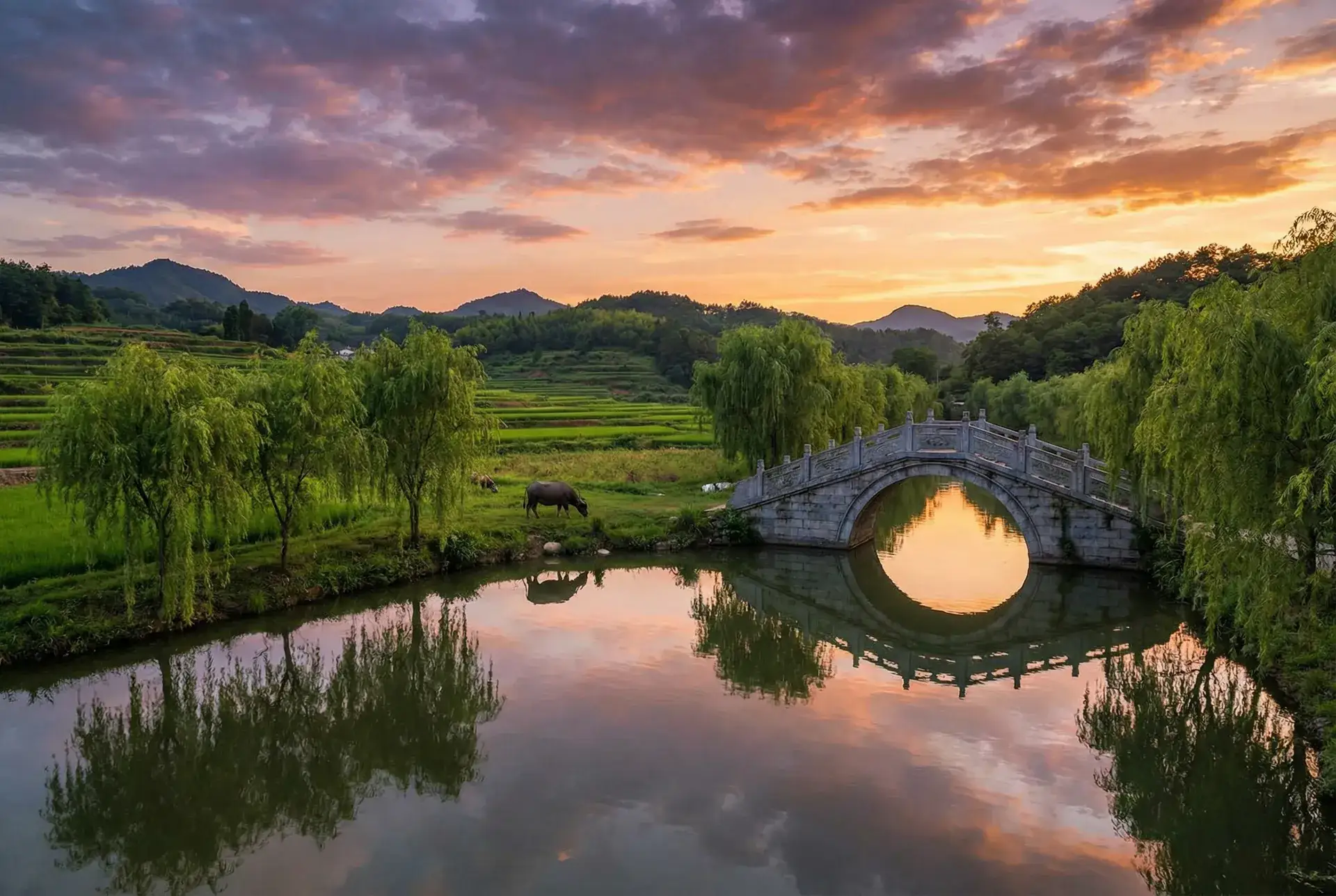 夕阳下的石拱桥与垂柳，水牛在河边吃草 - 成长免费视频 乡村美景
